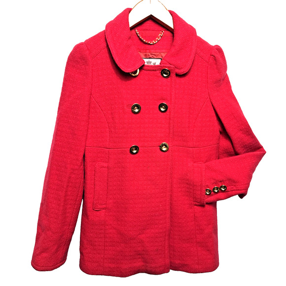 Juicy Couture Red Pea Coat Size M Wool Gold Buttons Baby Doll Y2K Girly Girlcore - Picture 1 of 11